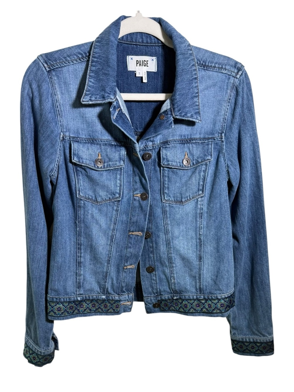PAIGE Alamar Boho Embroidered Trim Denim Jacket Small Rare